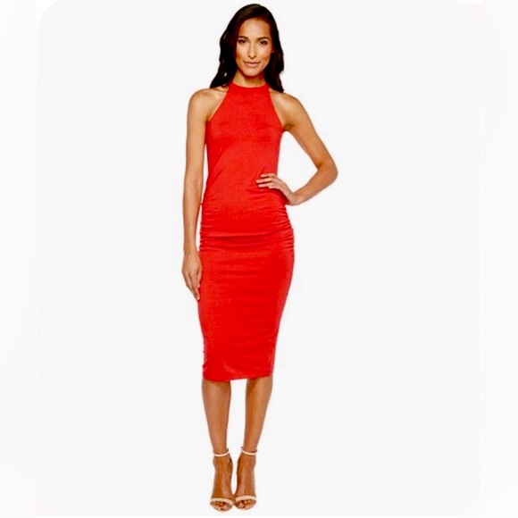 NWT Michael Stars Dress Halter Midi Ruched Dress - Red - Picture 1 of 6